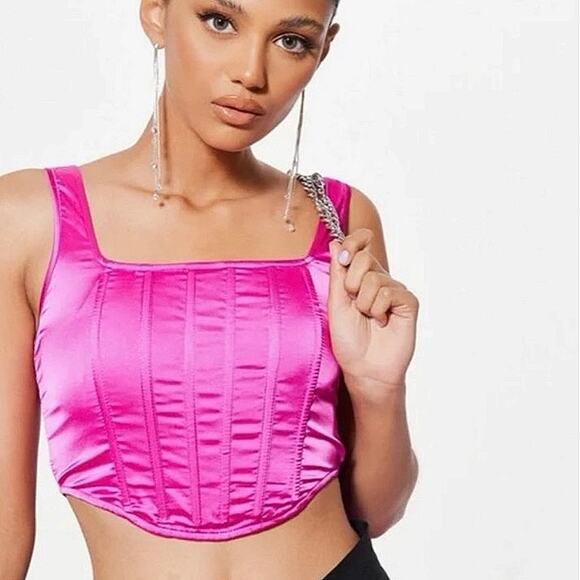 Missguided Pink Satin Square Neck Zip Up Strap Cropped Corset Tank Top Size 6 - Picture 1 of 7